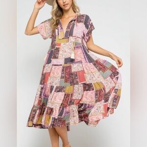 Olivaceous patchwork boho midi swing Dress tassels pink purple 47687